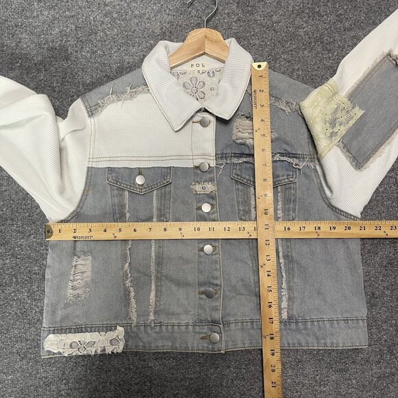 Pol Distressed Patchwork Denim Jacket With Lace & Waffle Knit Sleeves S - Picture 8 of 9